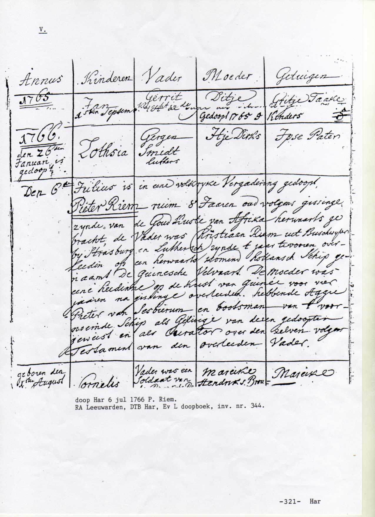 Doop Harlingen, 6 juli 1766 RA Leeuwarden, DTB Harlingen Ev. L doopboek. Inv. nr. 344